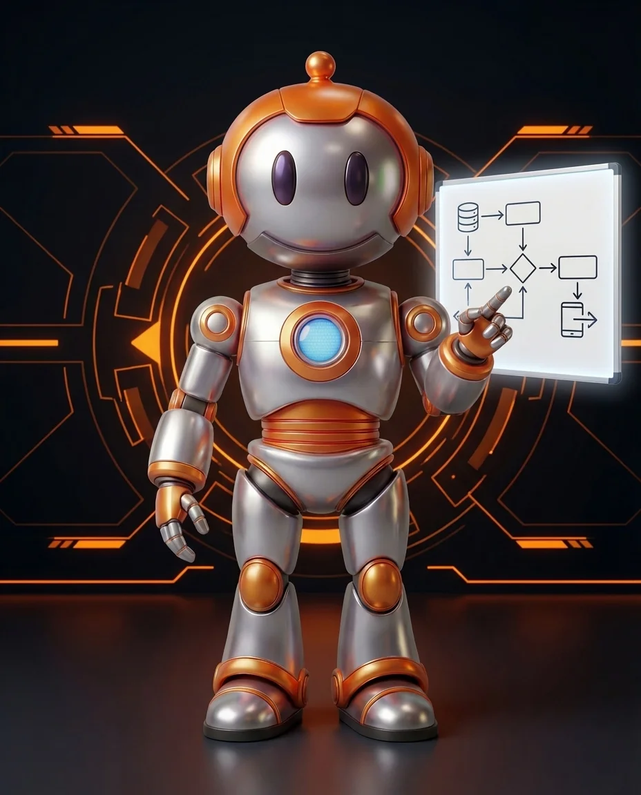 Roboter zeigt auf No-Code Automatisierungs-Interface mit Drag-and-Drop Elementen