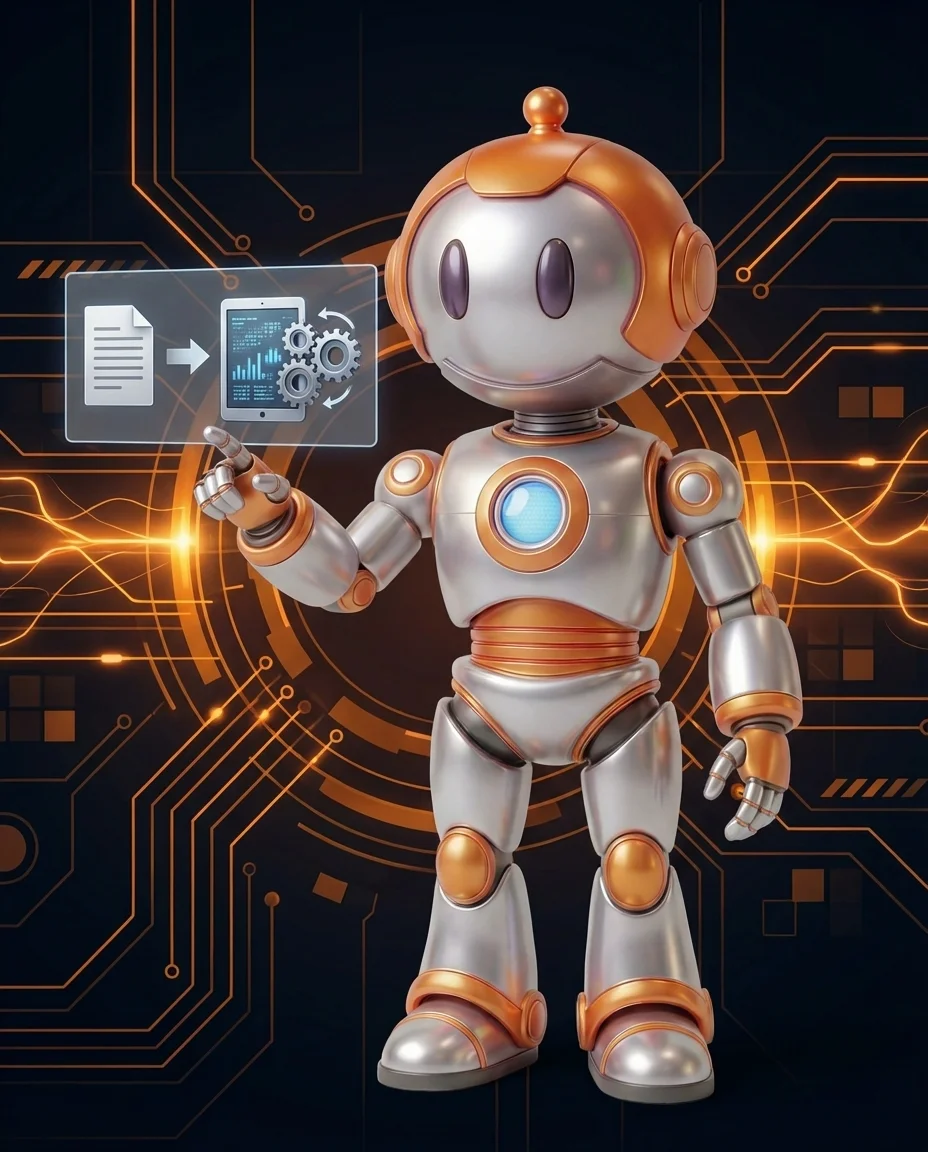 Roboter erklärt Unterschied zwischen Digitalisierung und Automatisierung mit Stufendiagramm