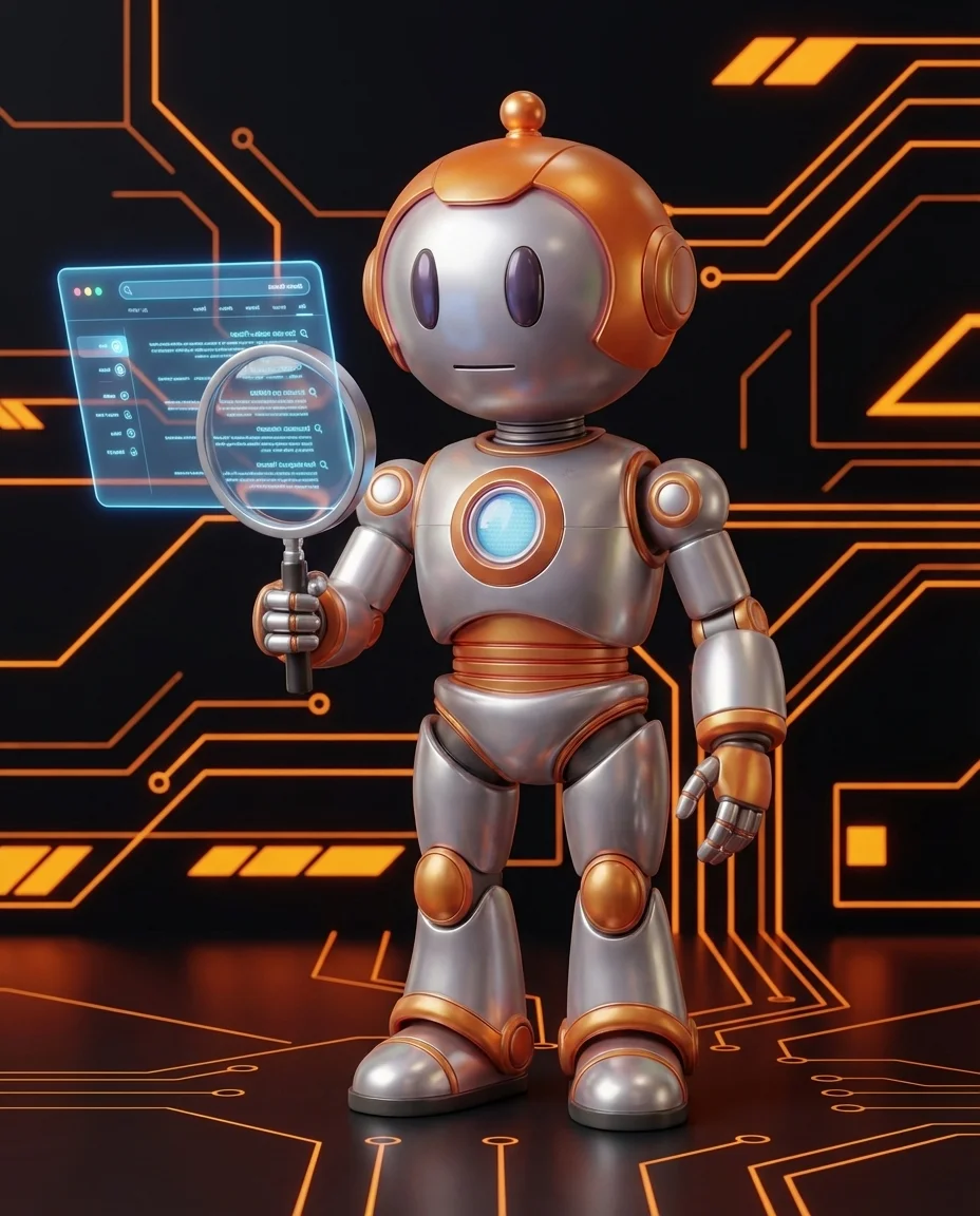 Robot zeigt mit Finger auf Pfeil der von alter URL zu neuer URL zeigt