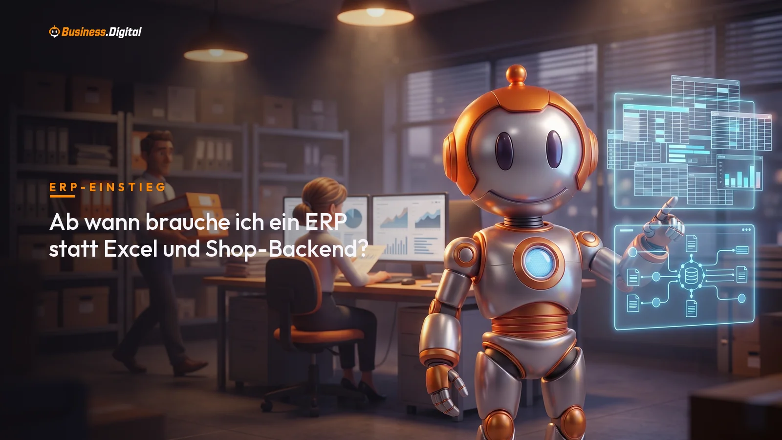Roboter zeigt Hologramm-Vergleich von Excel-Tabellen und ERP-System in einem Großhandelsbüro