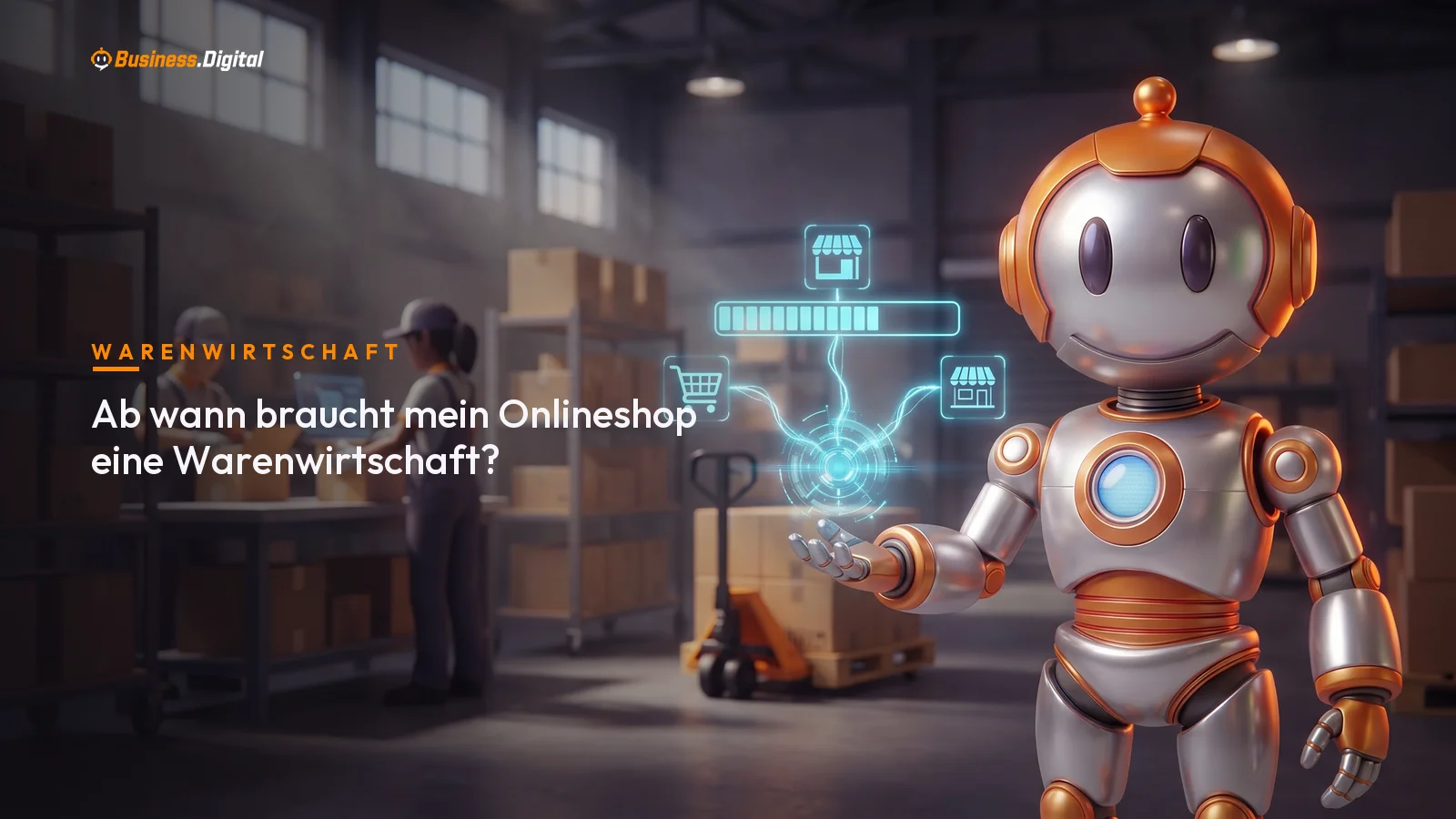 Roboter mit Hologramm: Shop und Marktplätze speisen einen Bestand, Warenwirtschaft im Lager