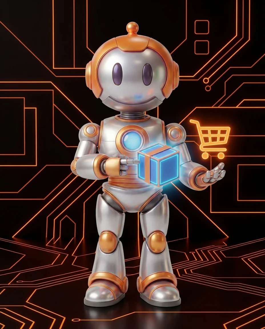 Robot hält Datenbankserver mit ABC-Beschriftung und Balkendiagramm nach Umsatzklassen