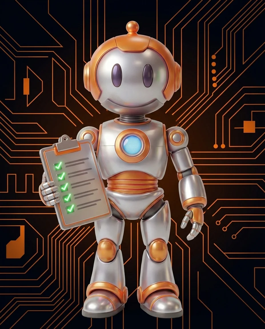 Robot hält Checkliste mit Acceptance Criteria für Software-Abnahme