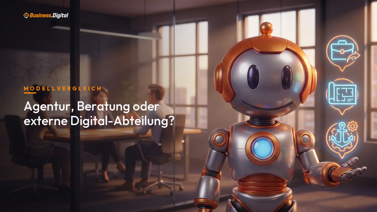 Roboter vergleicht Agentur, Unternehmensberatung und externe Digital-Abteilung als Hologramm-Symbole