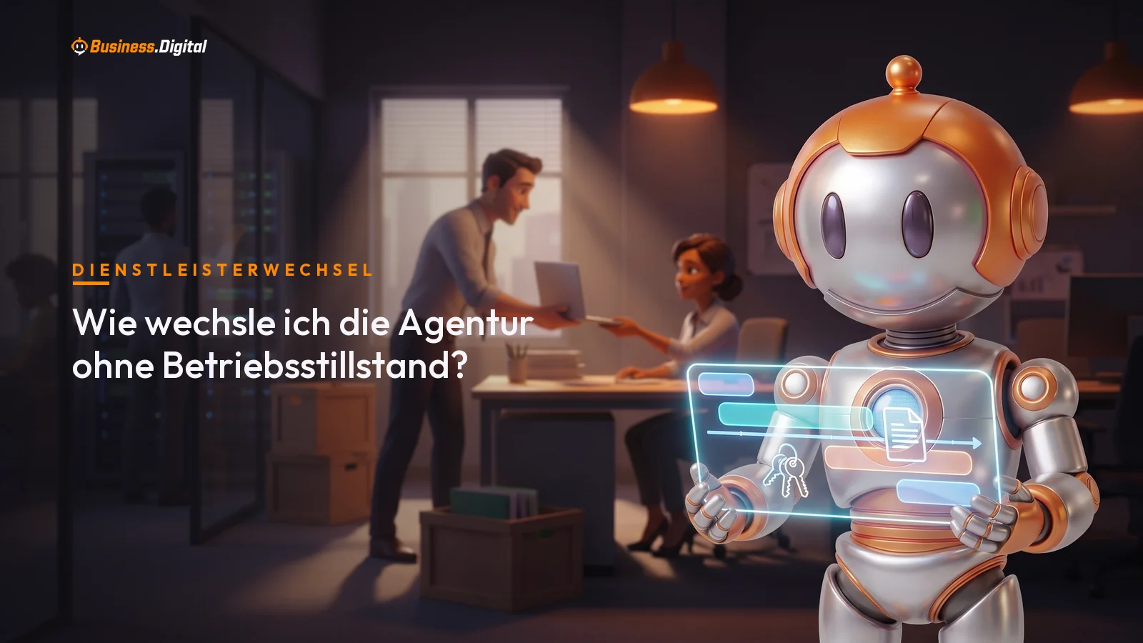 Roboter zeigt Zeitstrahl mit Überlappung beim Agenturwechsel und Übergabe der Zugänge im IT-Büro