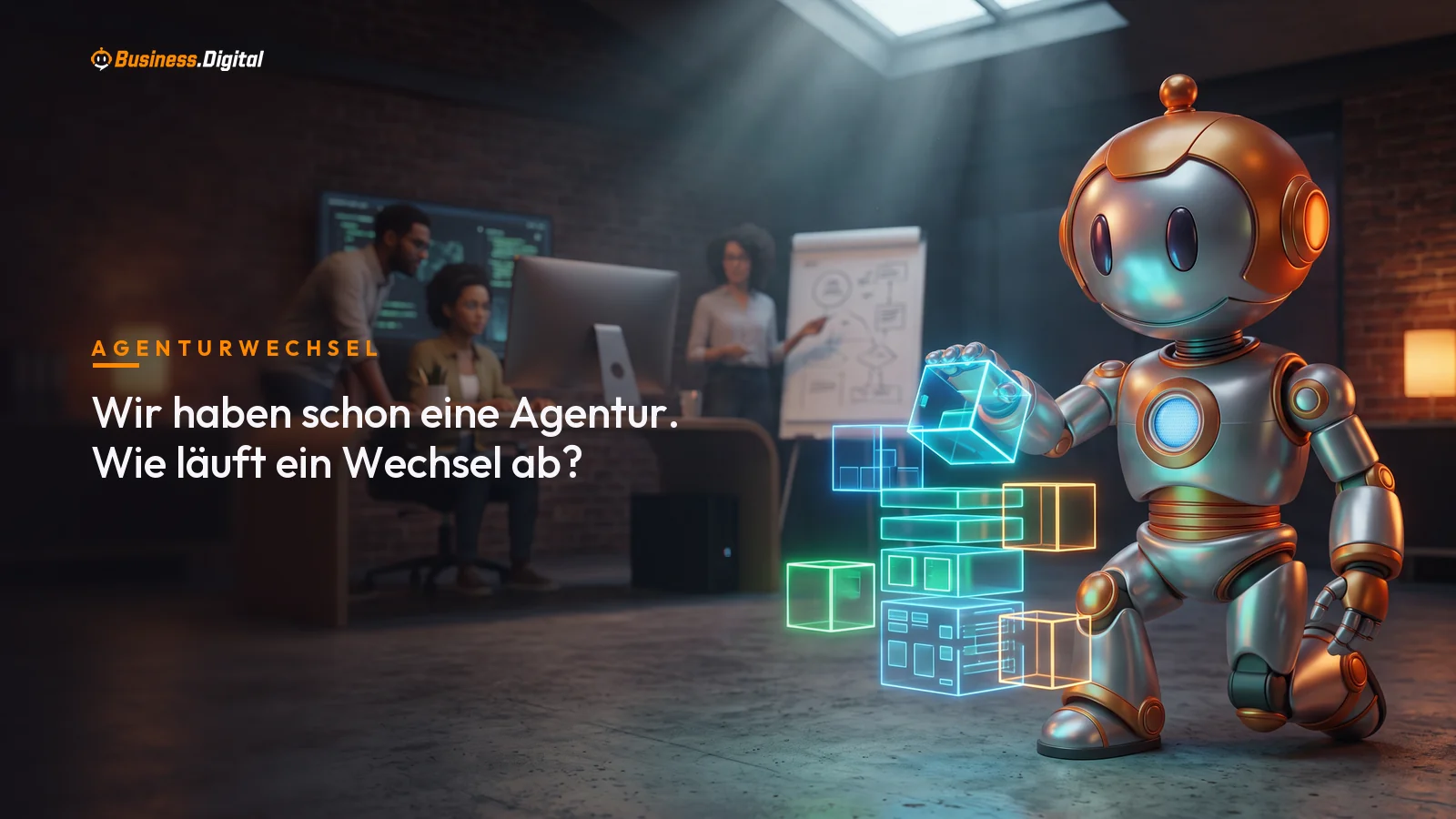 Roboter prüft Hologramm-Modell eines bestehenden Systems: Bestandsaufnahme vor dem Agenturwechsel