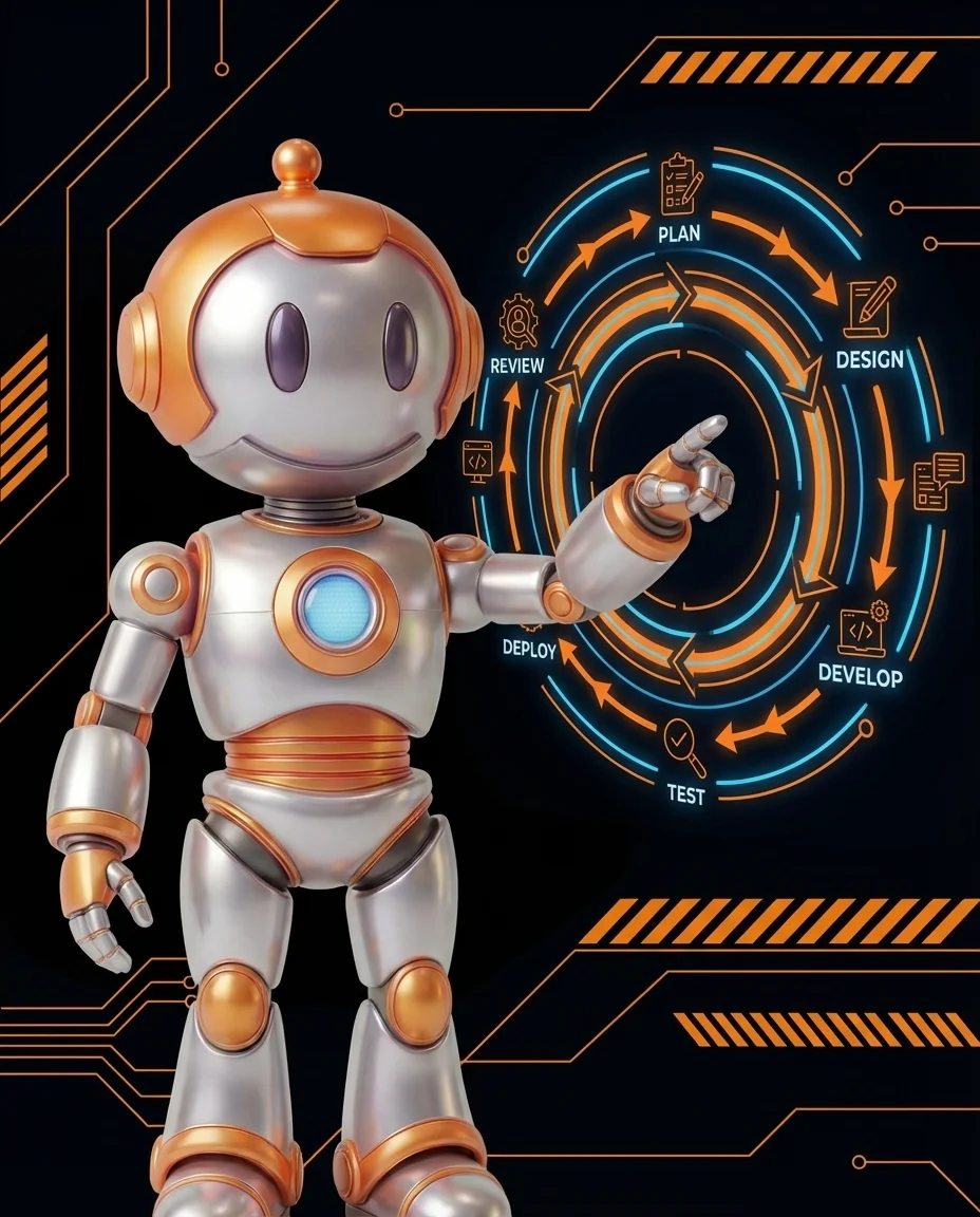 Roboter zeigt auf Sprint-Board mit agiler Softwareentwicklung Planung