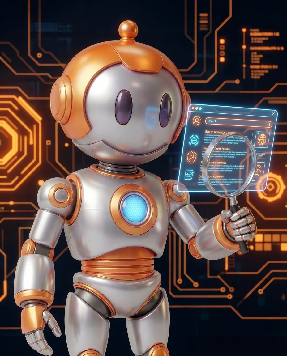 Robot zeigt auf Anker-Symbol und Pfeil der auf bestimmte Seitenposition zeigt