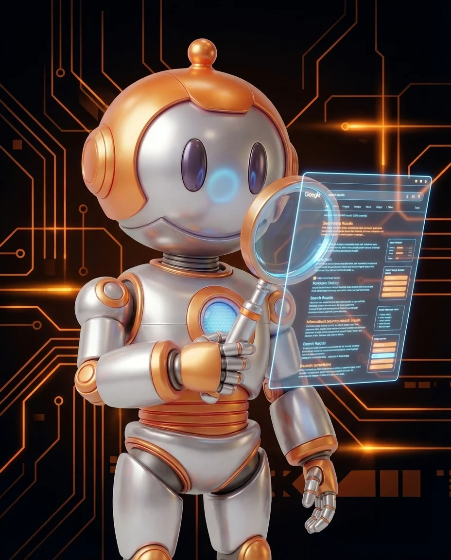 Robot zeigt mit Finger auf hervorgehobenen Link-Text in einem Website-Absatz