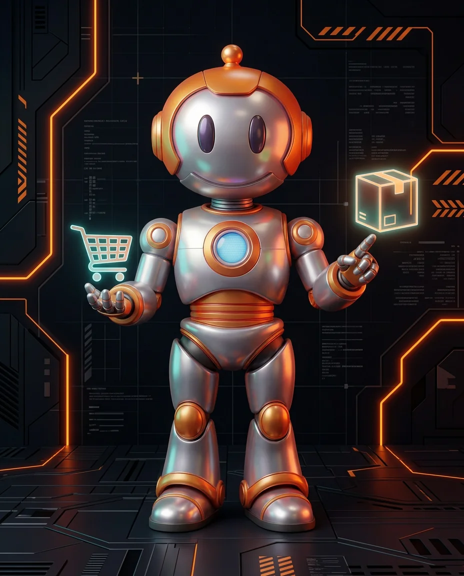 Robot hält Balkendiagramm mit ansteigendem Durchschnittsbestellwert über mehrere Perioden