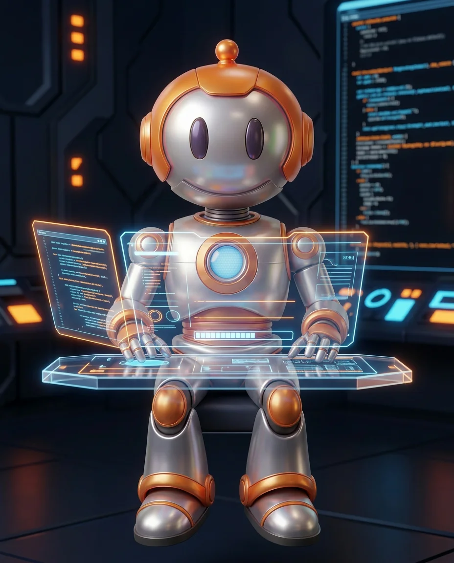 Robot tippt auf Tastatur mit URL-Struktur und Verbindungspunkten als Endpoint-Darstellung