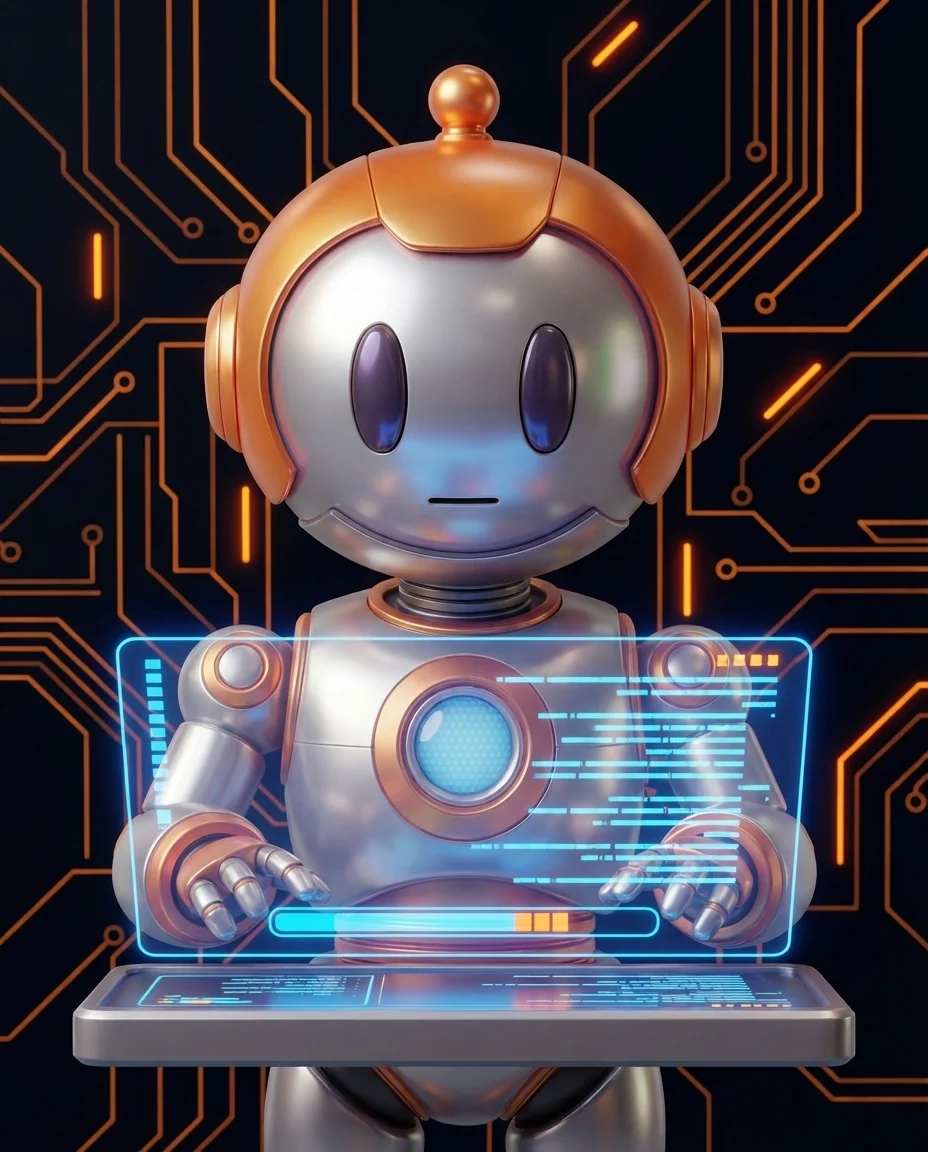 Robot tippt auf Tastatur mit zentralem Tor und mehreren Verbindungslinien als Gateway-Darstellung