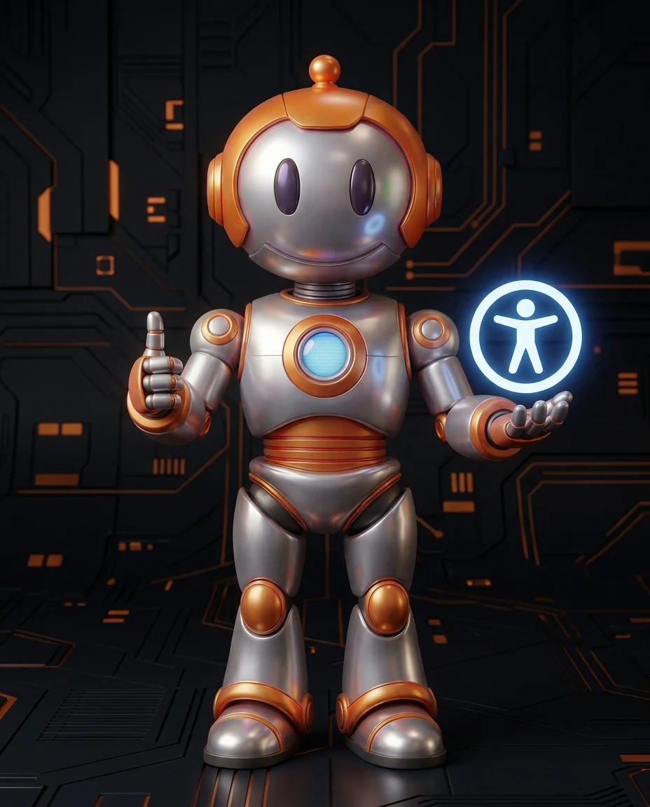 Robot zeigt auf HTML-Attribute mit aria-label und role als Barrierefreiheit-Code