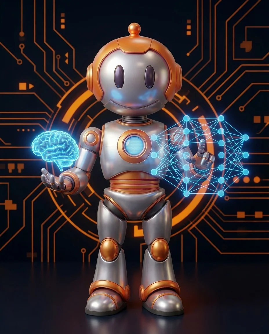 Robot zeigt auf ein Attribution-Diagramm mit verschiedenen Marketing-Touchpoints