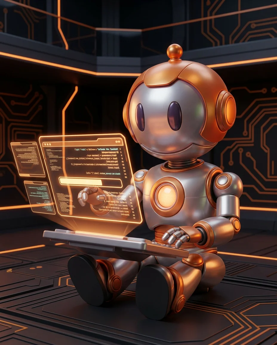 Robot tippt auf Tastatur mit Protokollzeilen und Zeitstempeln als Audit-Trail-Darstellung