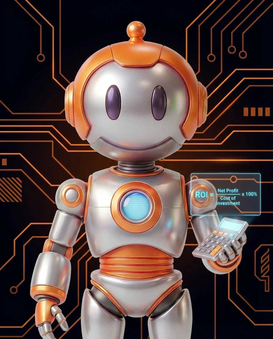 Roboter berechnet ROI von Automatisierungsprojekt mit Taschenrechner