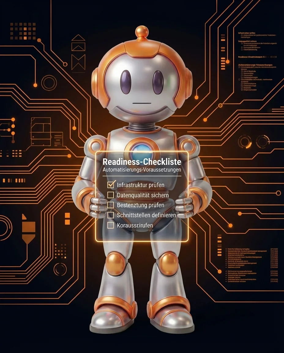 Robot hält Checkliste mit Automatisierungs-Readiness-Kriterien