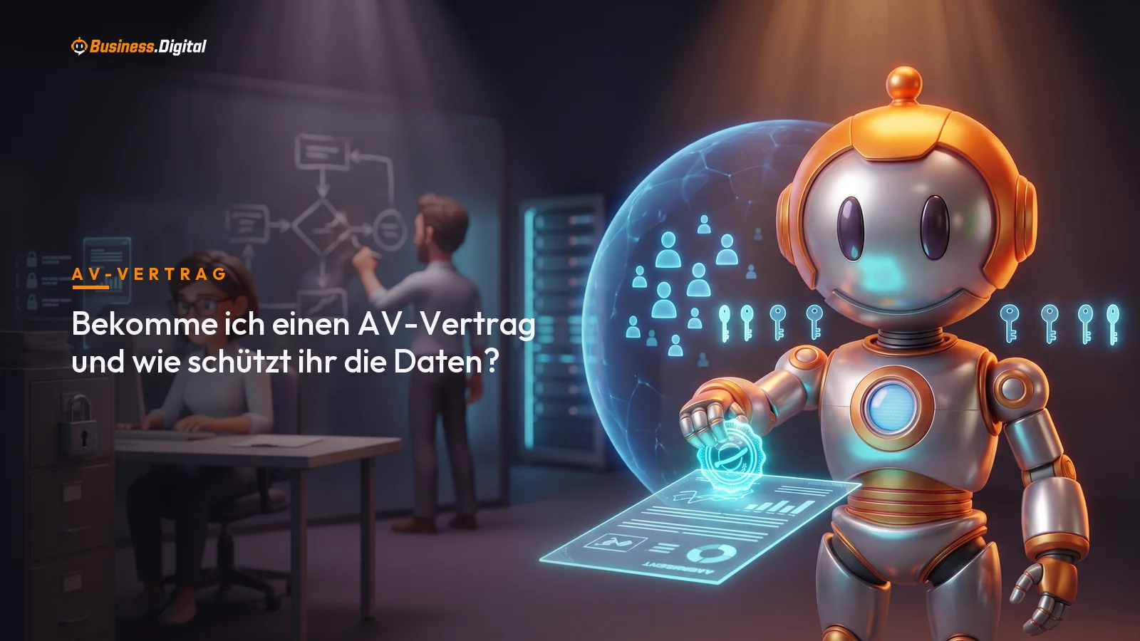 Roboter versiegelt Hologramm-Vertrag mit Schutzschild um Daten: AV-Vertrag und Datenschutz