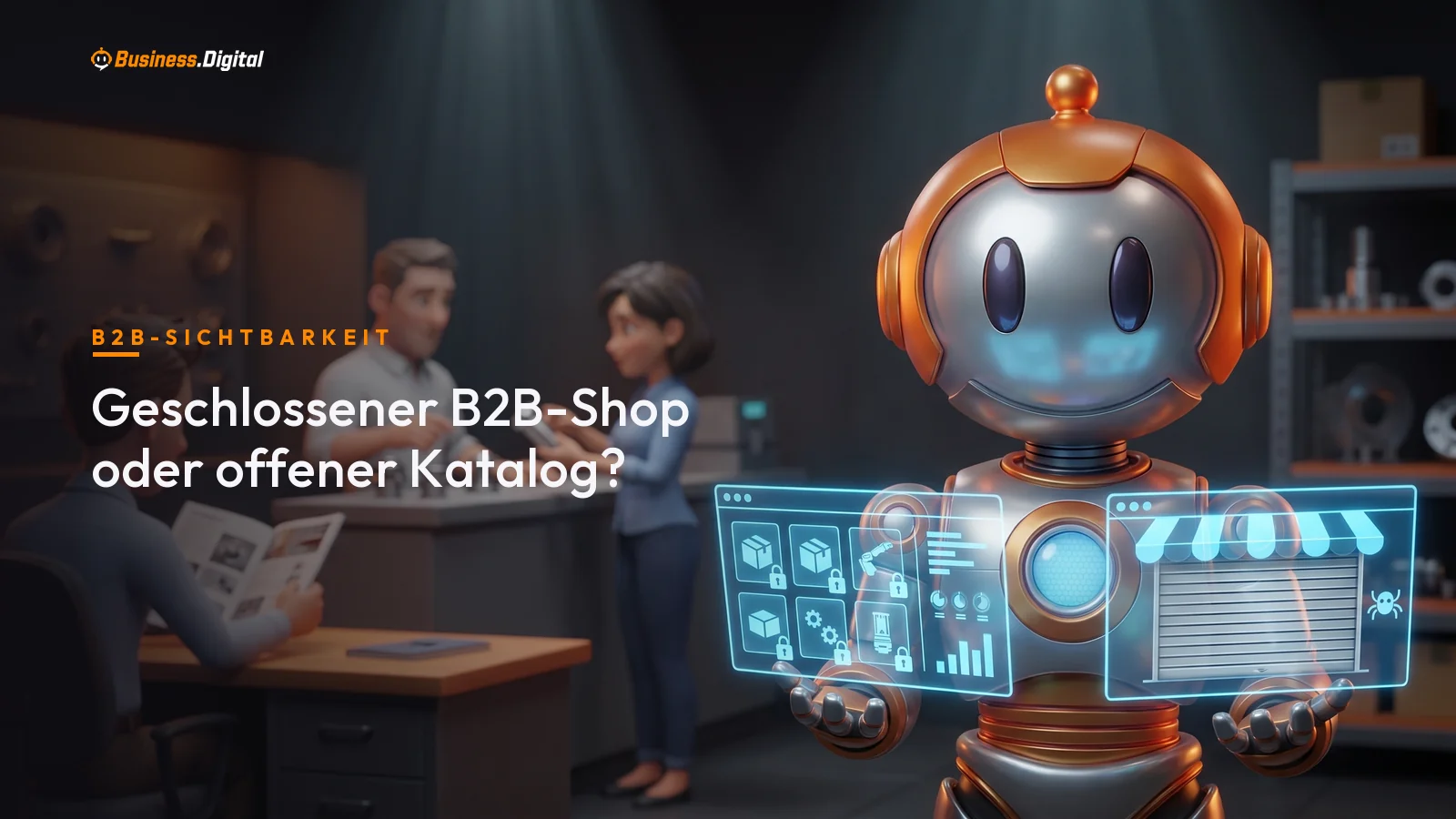 Roboter zeigt offenen B2B-Katalog mit Preisen hinter Login neben komplett geschlossenem Shop