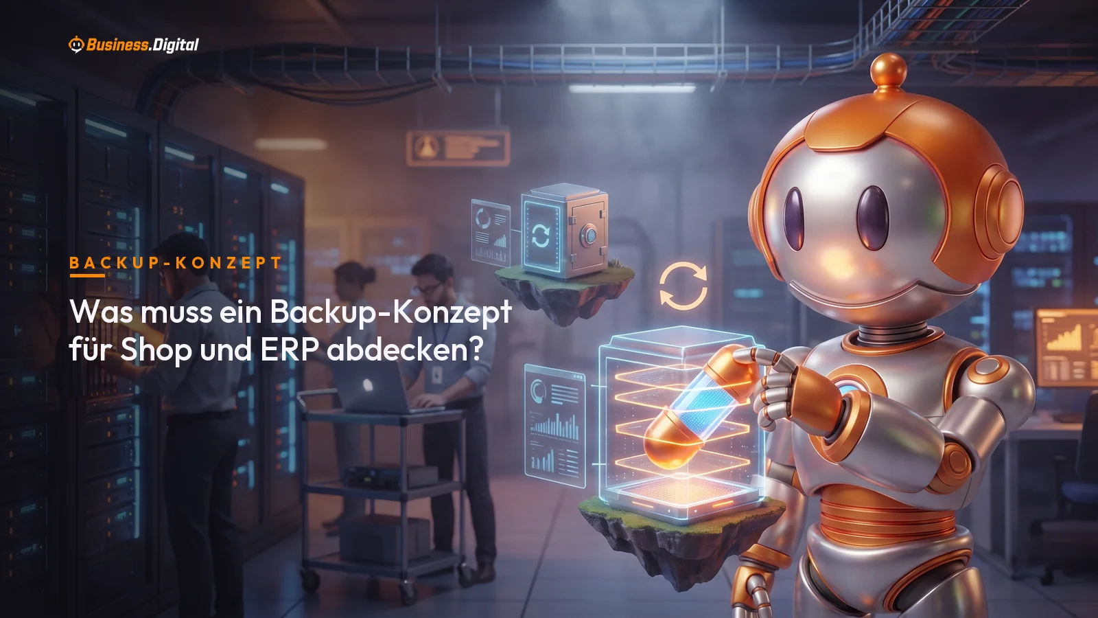 Roboter spielt Backup aus Hologramm-Tresor zurück: Backup-Konzept für Website, Shop und ERP