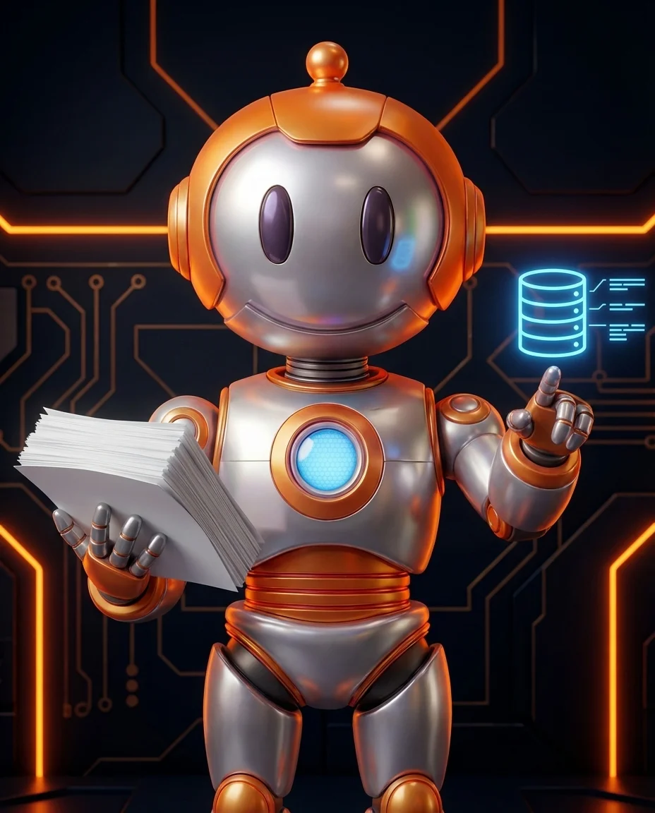 Robot hält Barcode-Scanner und scannt ein Paket mit Lager-Regal im Hintergrund