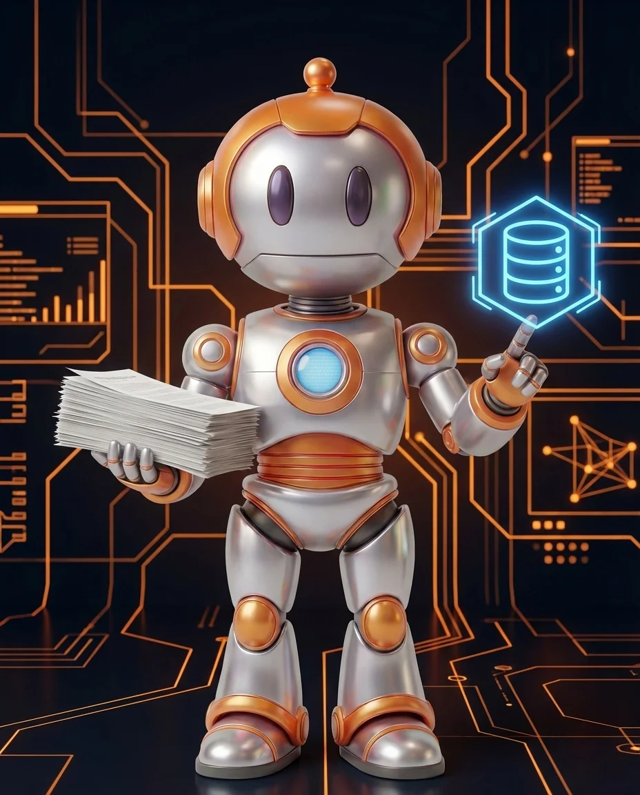 Robot hält Stapel Dokumente mit Chargennummer und Rückverfolgbarkeits-Diagramm