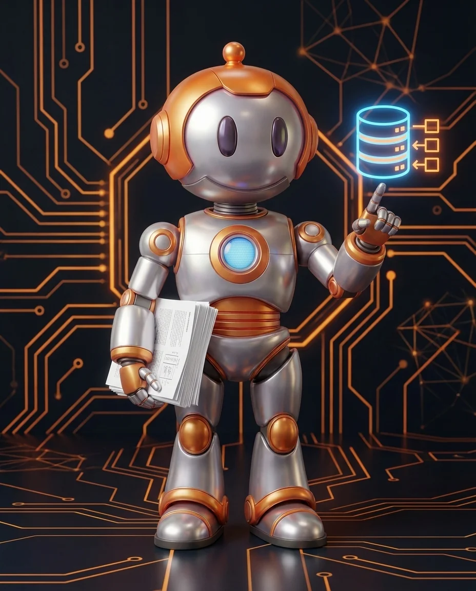 Robot hält Stapel Dokumente mit verbindenden Pfeilen als Belegfluss-Diagramm