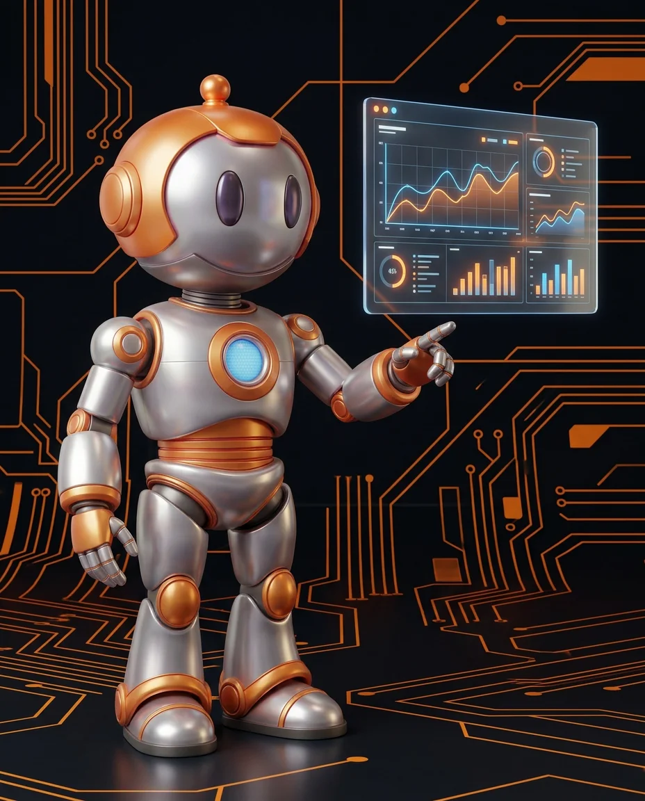 Robot hält Balkendiagramm mit verschiedenen Modell-Vergleichswerten