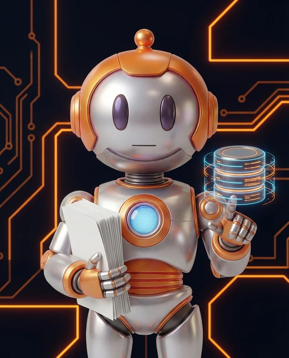 Robot hält Datenbankserver-Symbol mit Bestellliste und Lagerbeständen