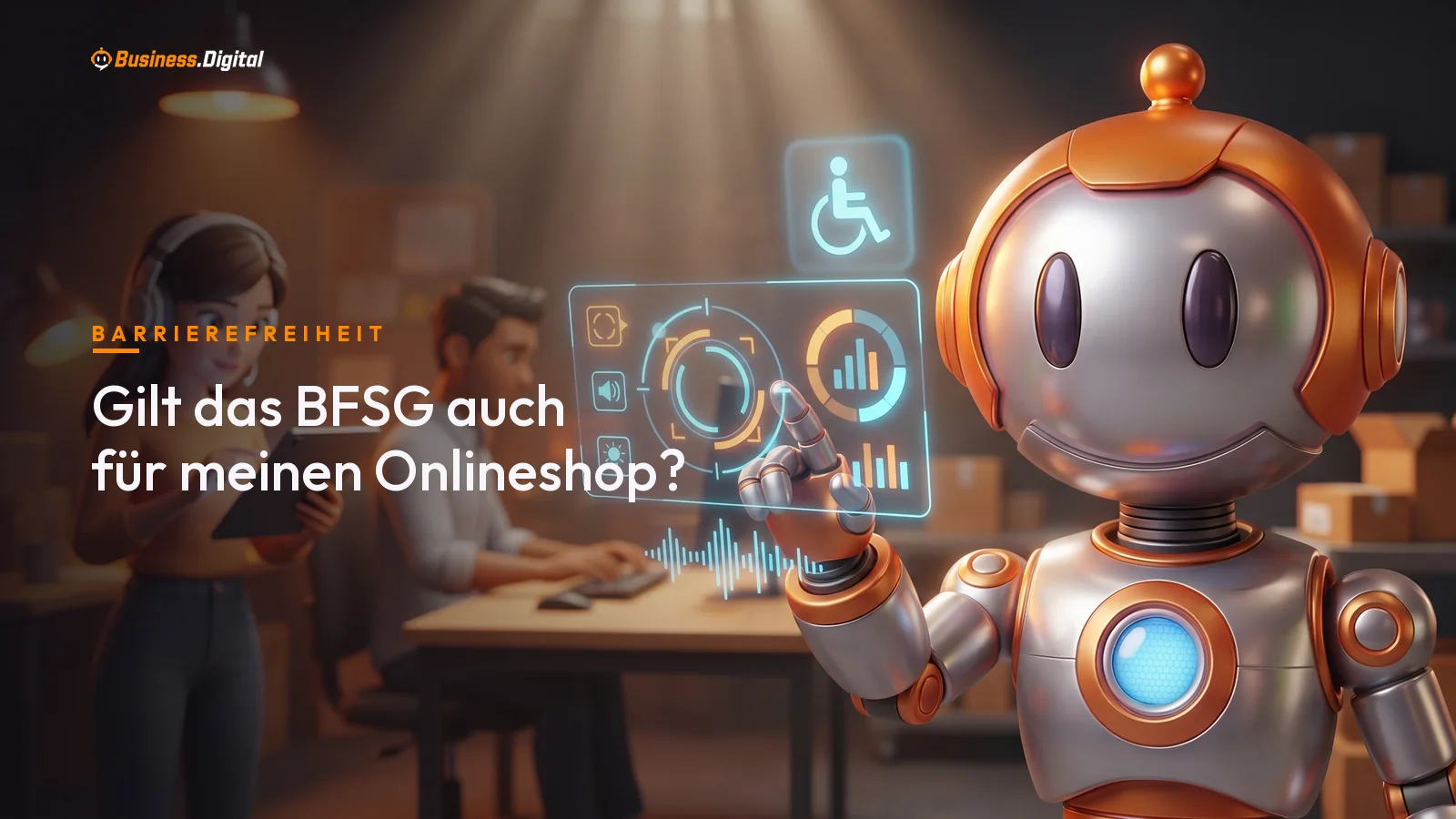 Roboter macht Hologramm-Shopseite barrierefrei mit Fokusring und Kontrast: BFSG für Onlineshops