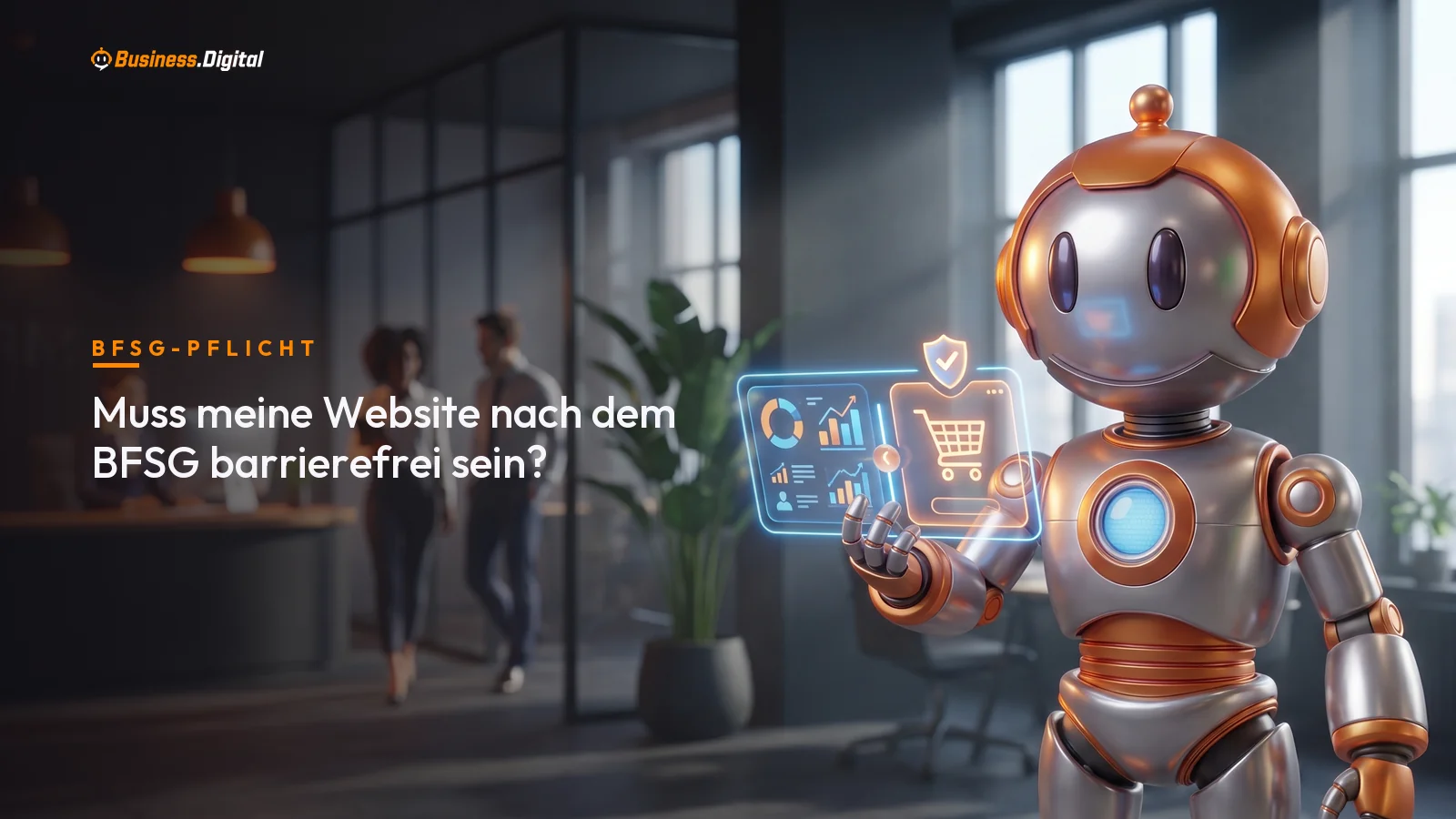 Roboter teilt Hologramm-Website in Firmenseite und Shop-Bereich: BFSG-Pflicht für Websites