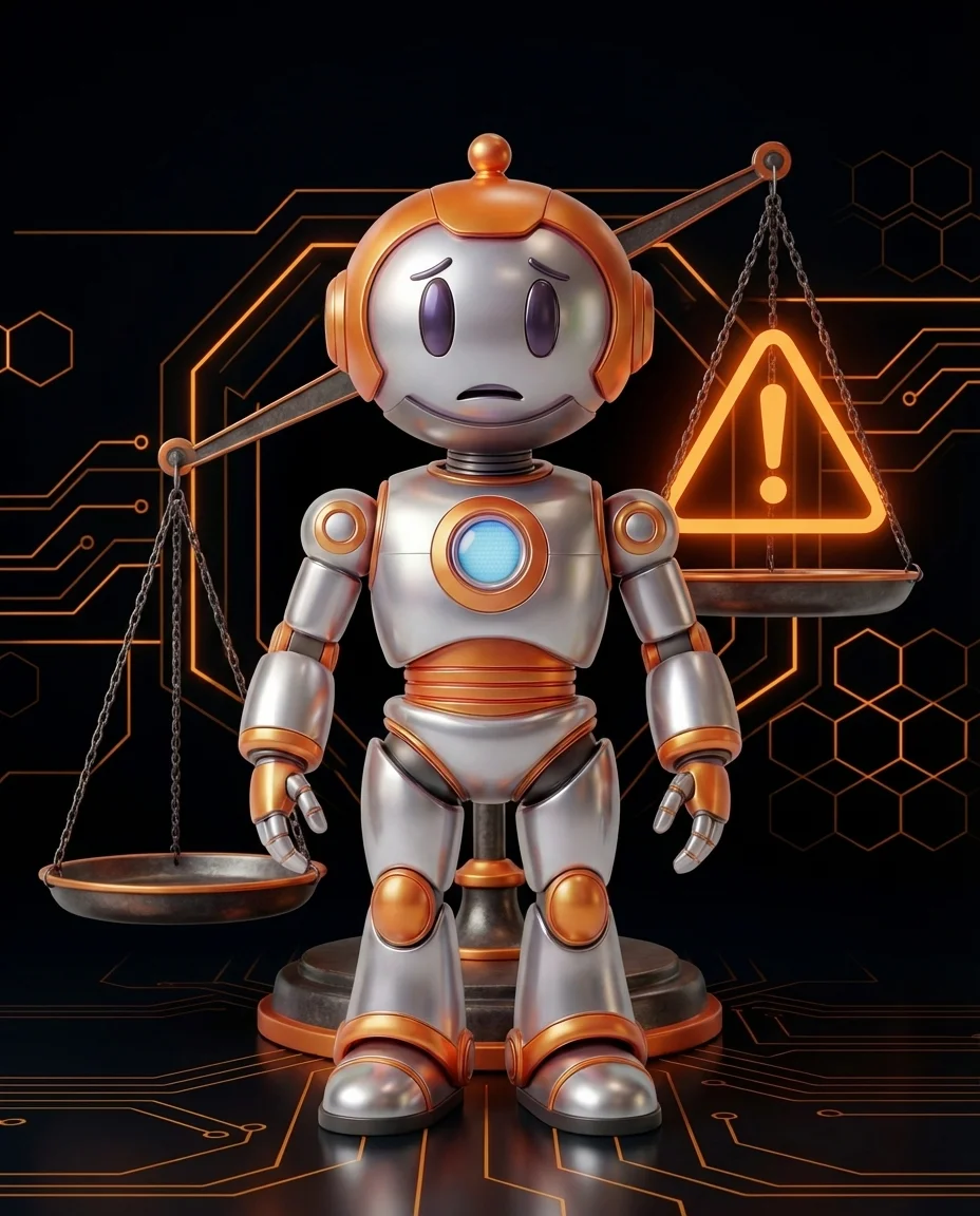 BD-Robot vor Warnsymbol – Bias Verzerrung KI erklärt