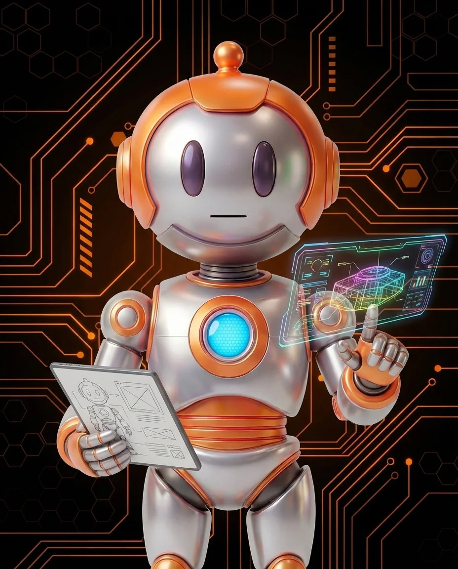 Robot hält zwei Geräte gegenüber: Smartphone und Desktop-Monitor