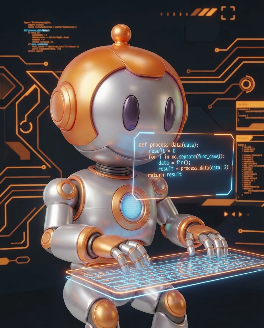 Robot mit Werkzeug zeigt auf Zahnräder und Code-Output-Diagramm