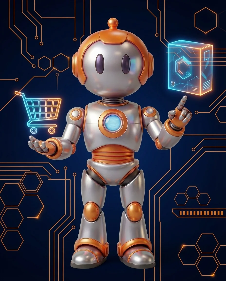 Robot hält mehrere Produktboxen die als Paket zusammengefasst werden