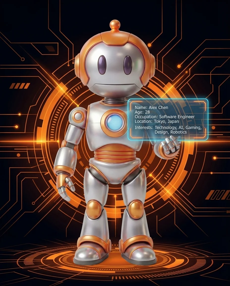 Roboter erklärt Buyer Persona mit Profil-Karte und Zielgruppen-Diagramm