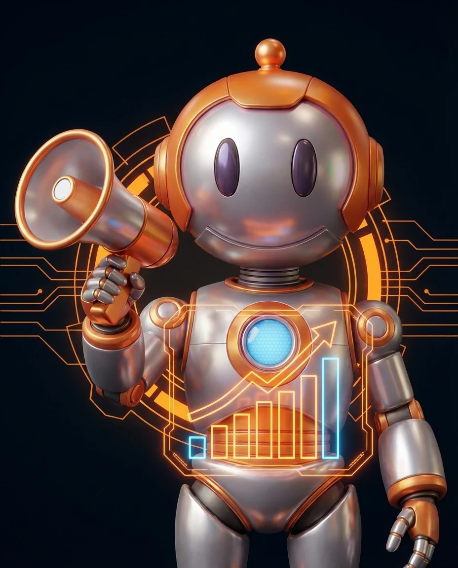 Robot hält leuchtendes Balkendiagramm das Kosten- und Zeitersparnis zeigt