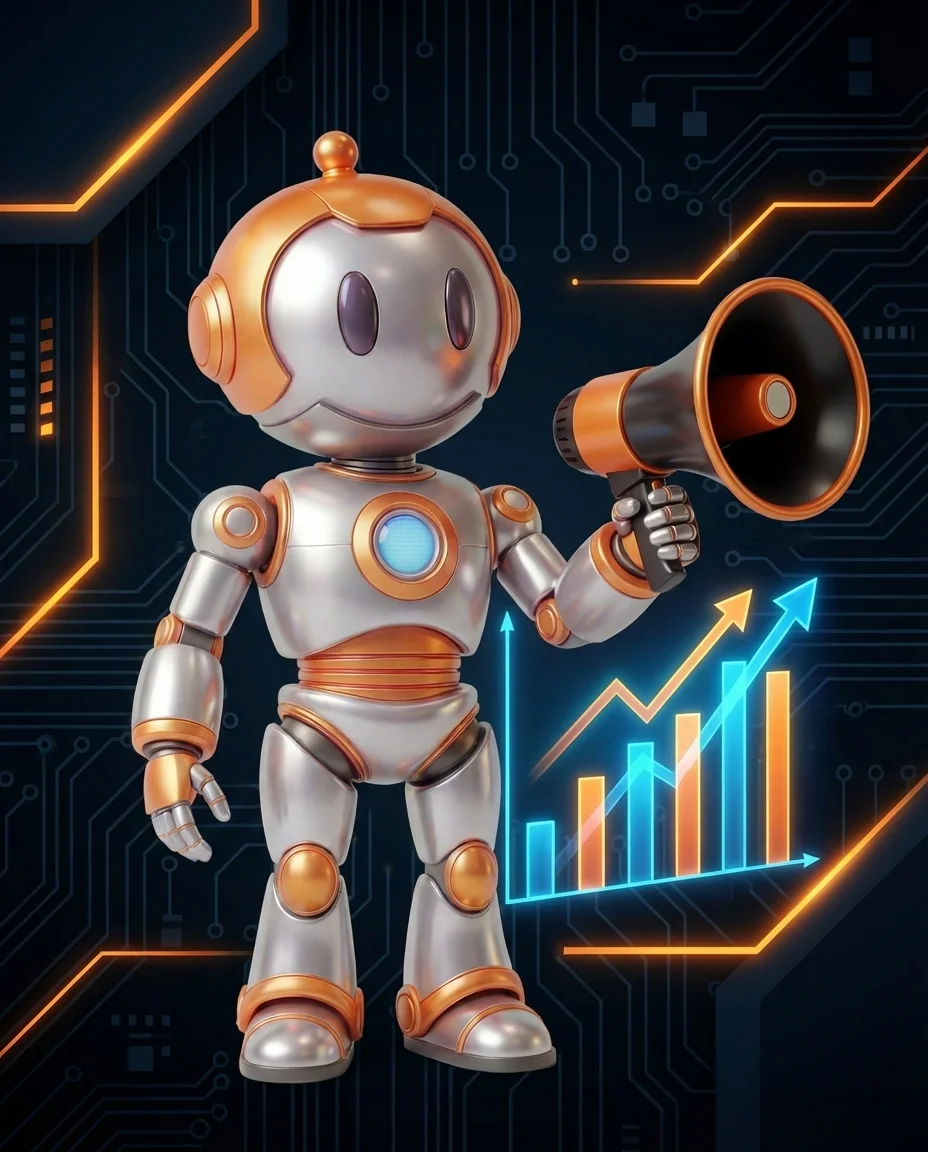 Robot hält Stoppuhr und zeigt auf schnell ladende gecachte Website