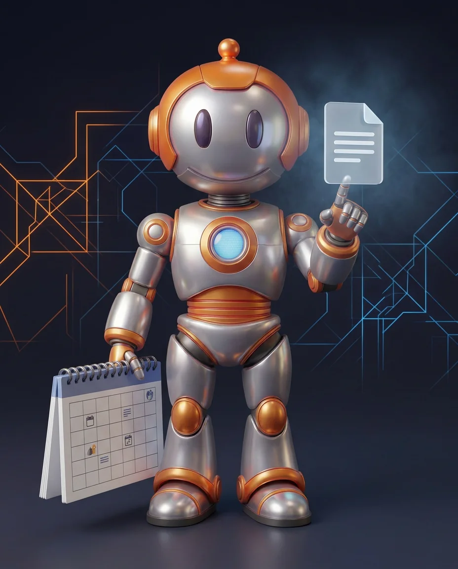 Robot zeigt auf einen Call-to-Action Button in einem Blogartikel