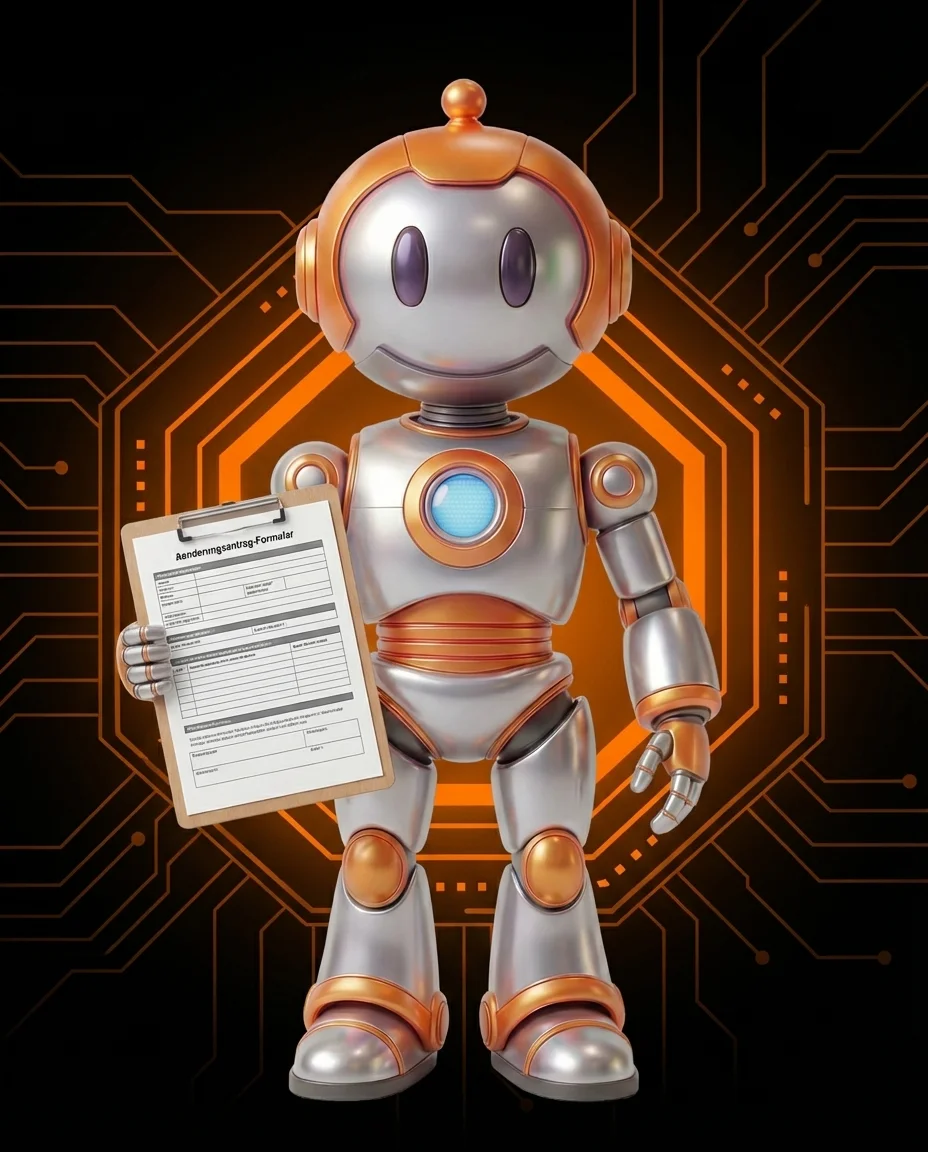 Robot hält Clipboard mit Änderungsantrag für Change Request Erklärung