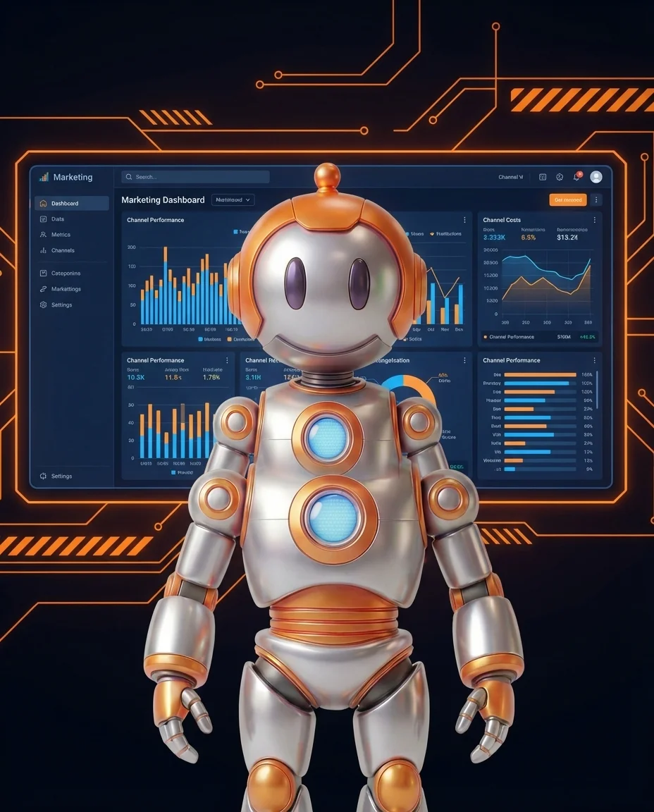 Robot analysiert Marketing-Channel-Performance auf Dashboard