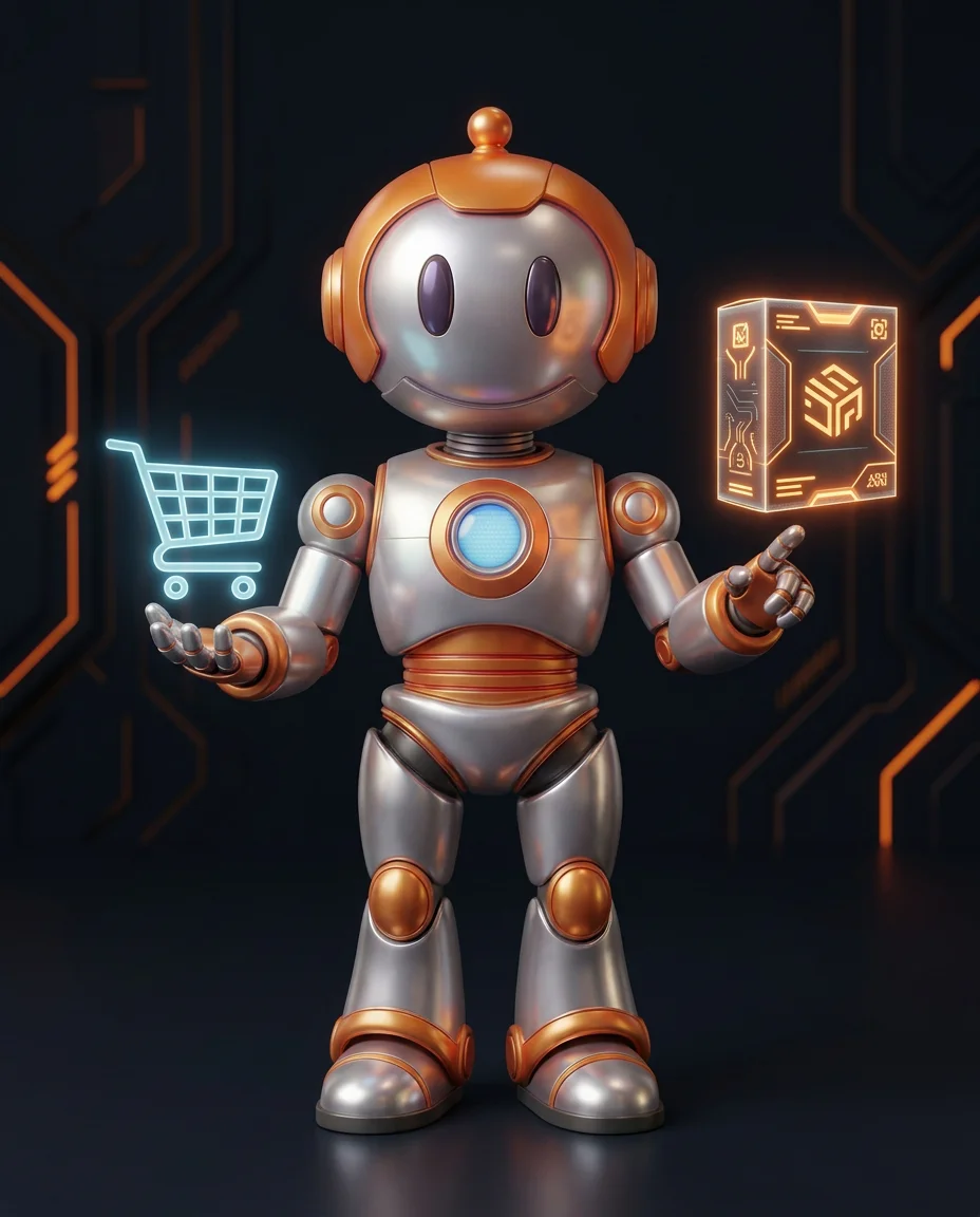 Robot zeigt auf Trichter-Diagramm mit Checkout-Schritten von Warenkorb bis Bestätigung