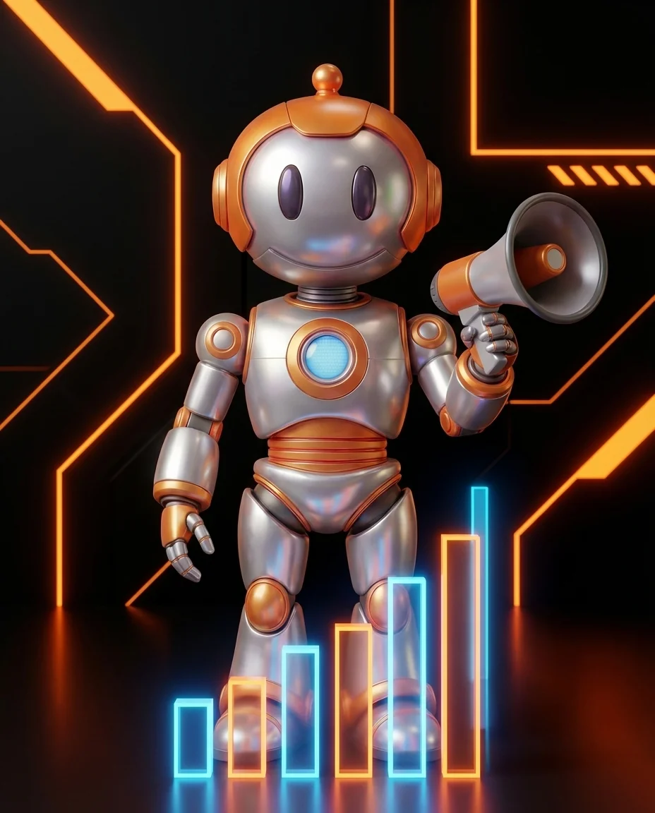 Robot hält Taschenrechner mit sinkendem Pfeil als Darstellung von Kundenverlust