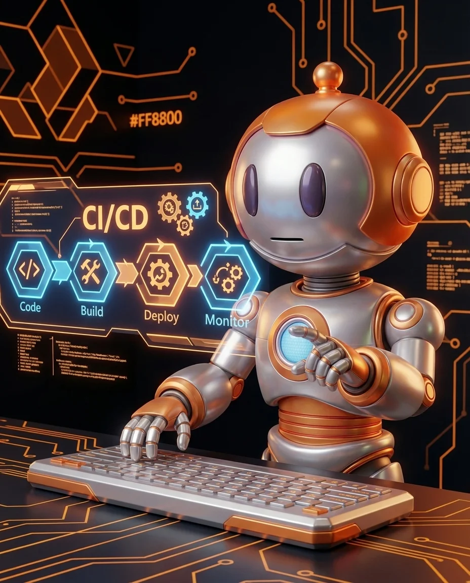 Robot erklärt CI/CD Pipeline für automatisierte Software-Deployments