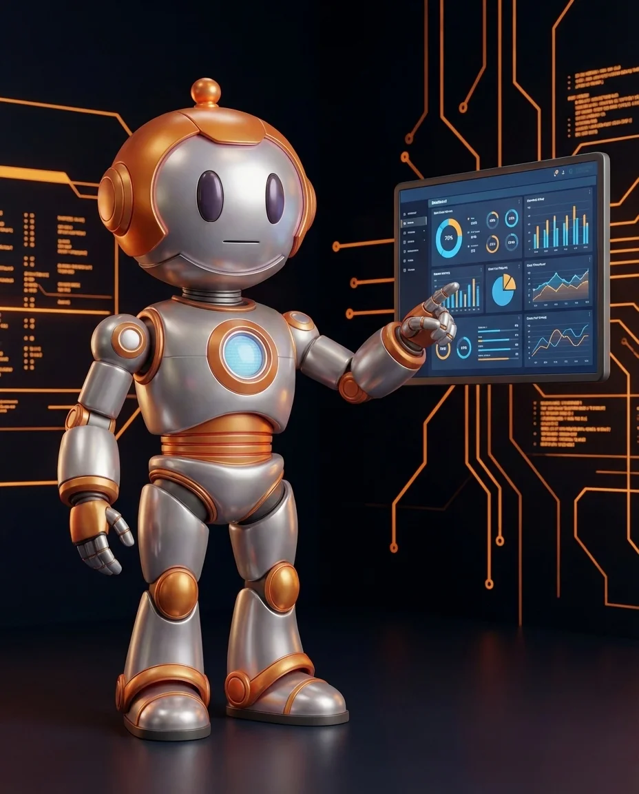 Robot sortiert leuchtende Datei-Karten in verschiedene beschriftete Kategorien