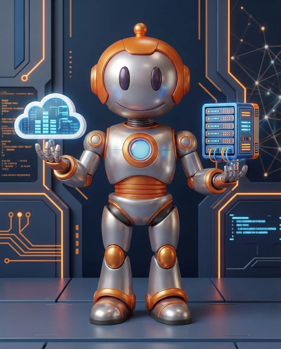 Roboter vergleicht Cloud ERP und On-Premise ERP mit zwei Servern