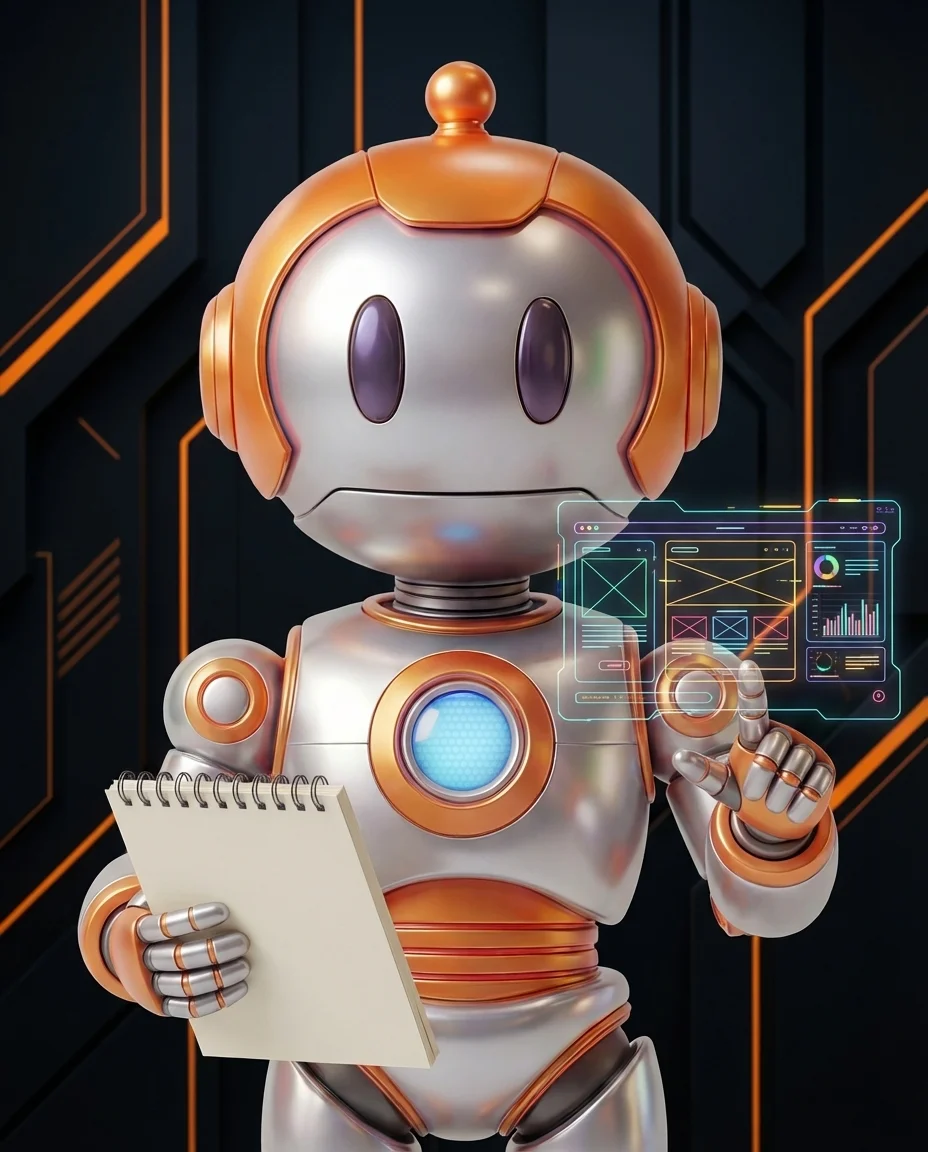 Robot hält Farbpalette und zeigt auf verschiedene Website-Design-Vorlagen