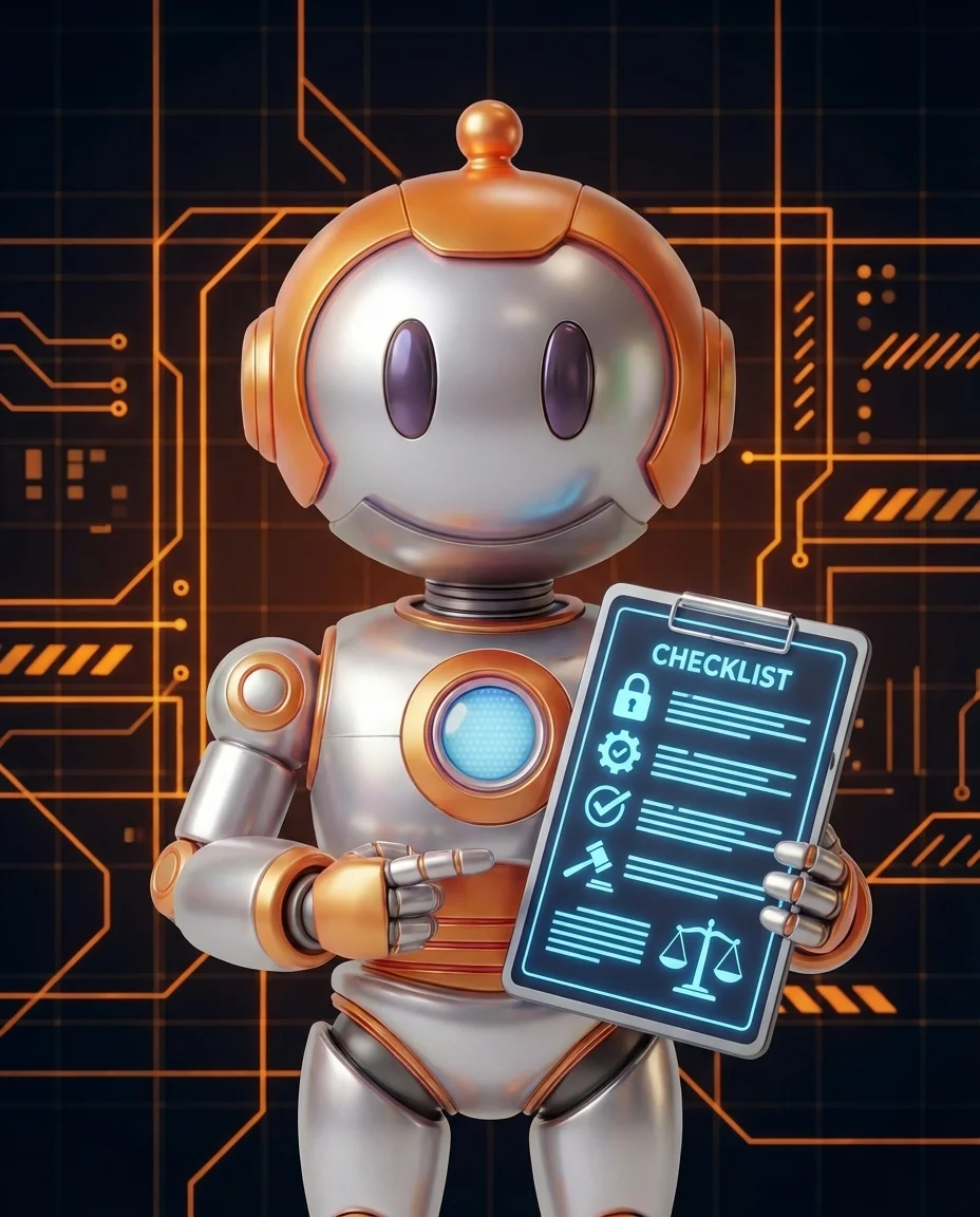 Robot hält Checkliste mit Compliance-Anforderungen für Website-Prüfung