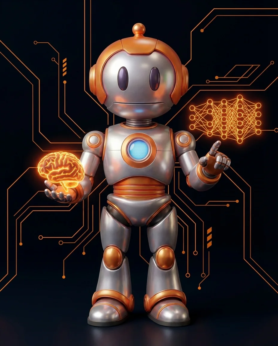 Robot hält Balkendiagramm mit Prozentwerten und Konfidenz-Anzeige