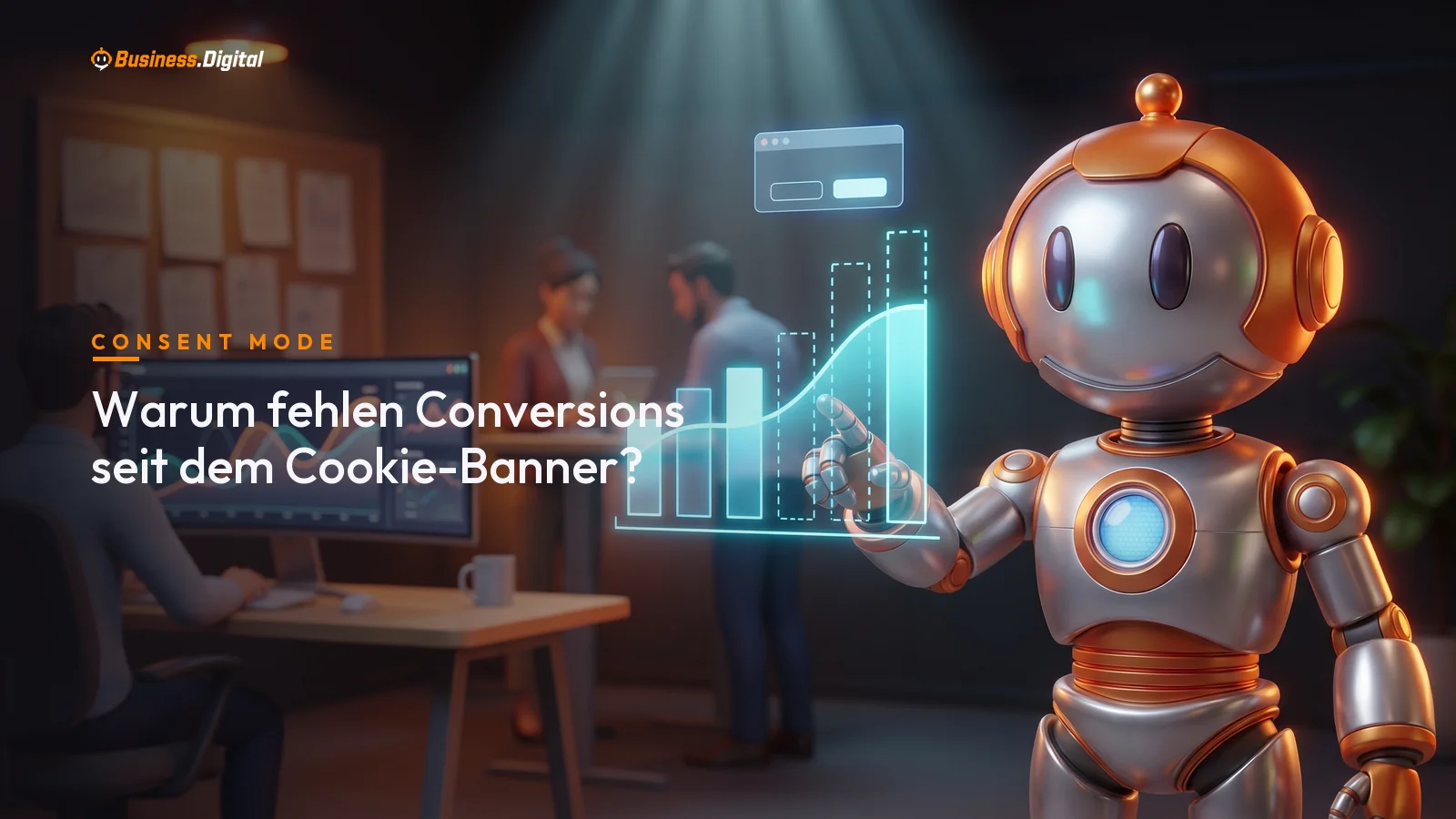 Roboter zeigt Balkendiagramm mit fehlenden Conversions, die der Consent Mode modelliert